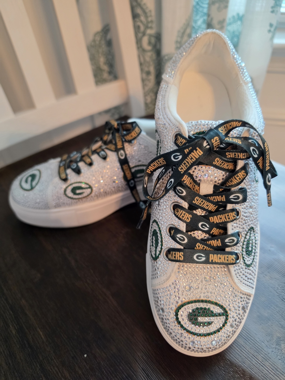 Green Bay Packers Ladies' White Rhinestone Sneakers